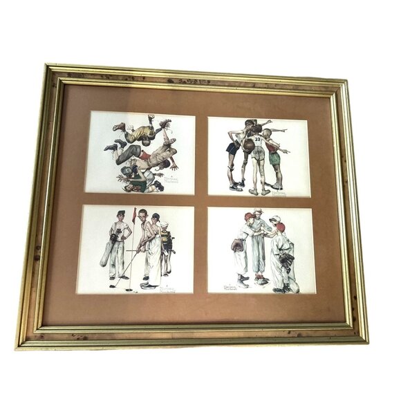 1970 Framed Norman Rockwell Quadruple Sports Print Framed Art 16" high and 15 7/ - Picture 1 of 12